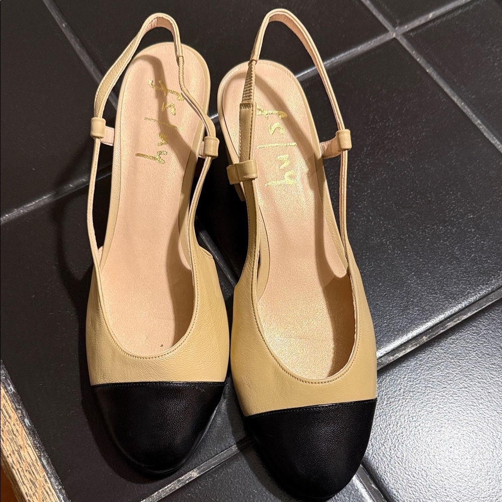 French Sole Tan and Black Slingback Heels